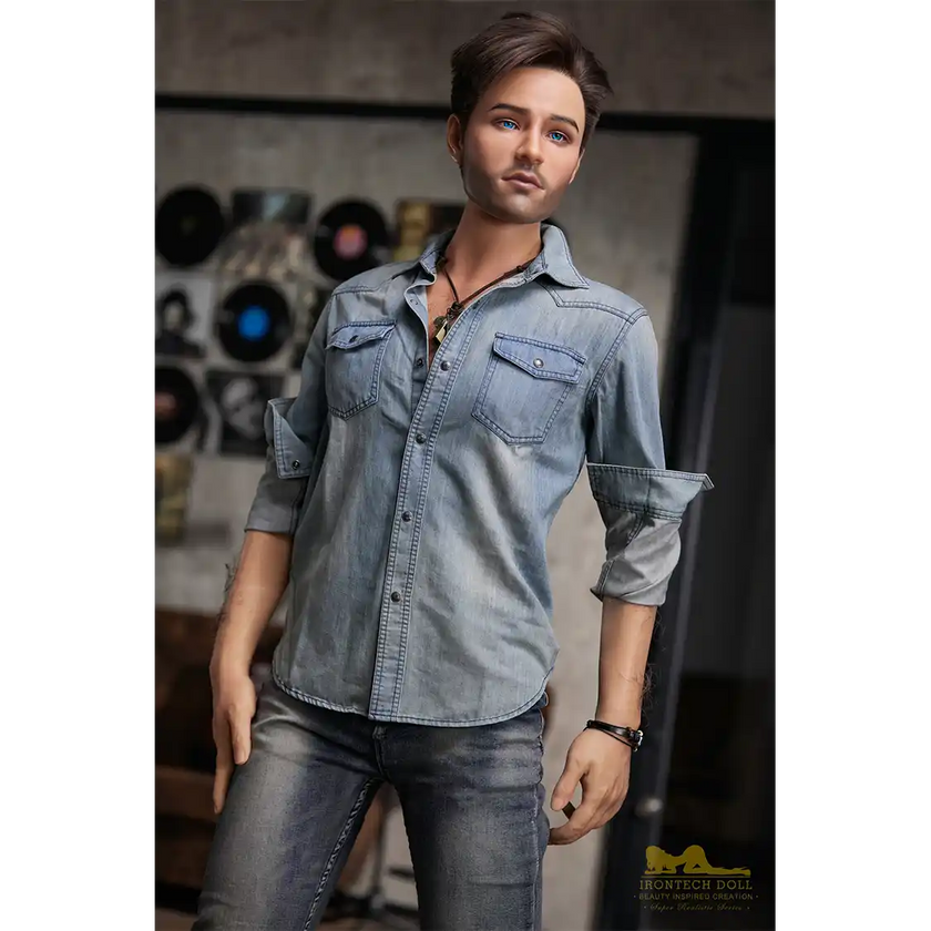 5ft 6in or 170cm silicone male sex doll with muscular arms, chest and abs with short brown hair and blue eyes in a country outfit.