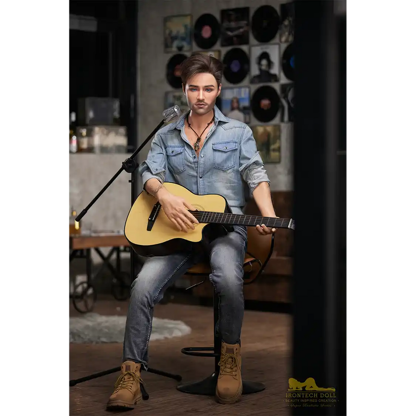 5ft 6in or 170cm silicone male sex doll with muscular arms, chest and abs with short brown hair and blue eyes in a country outfit.