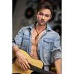 5ft 6in or 170cm silicone male sex doll with muscular arms, chest and abs with short brown hair and blue eyes in a country outfit.