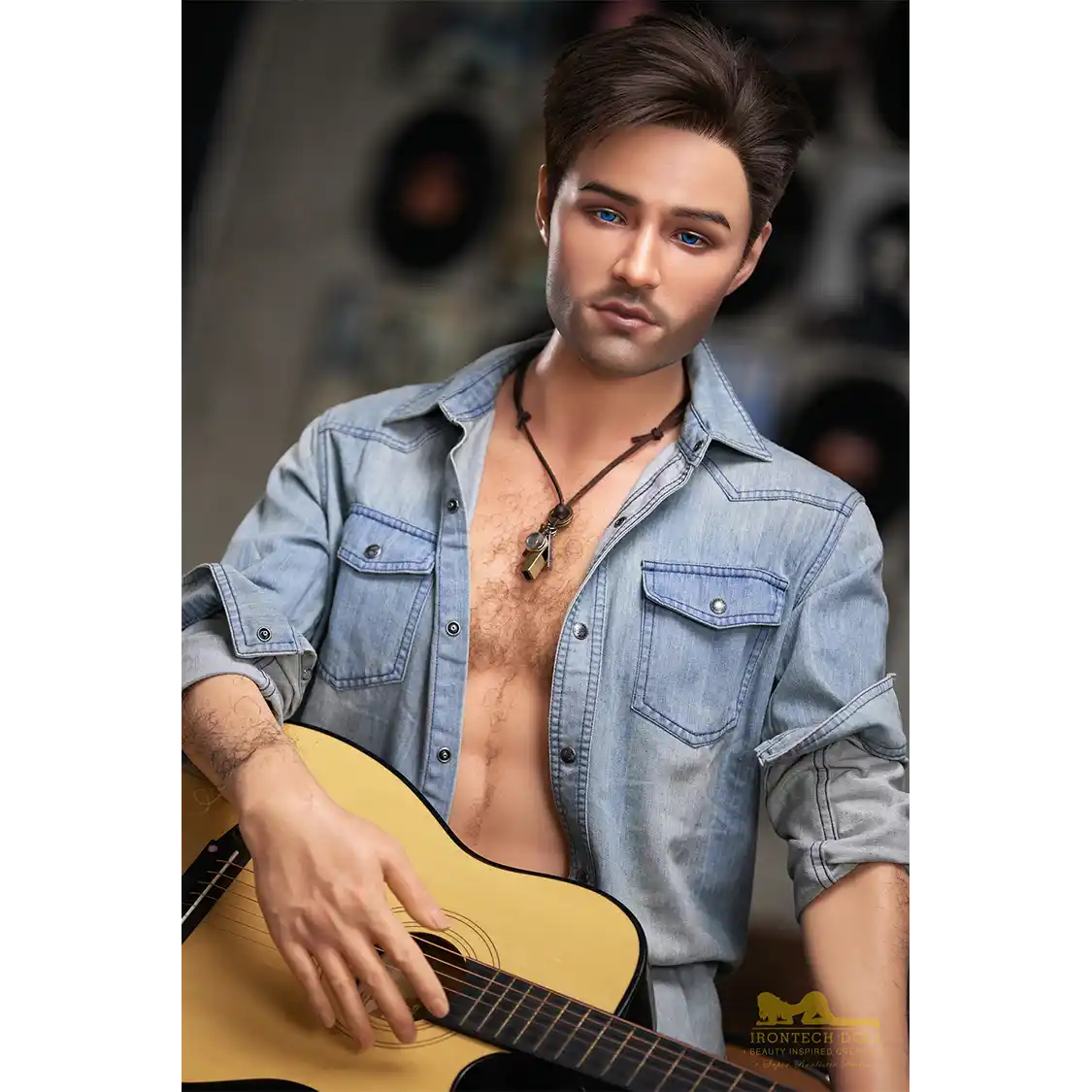 5ft 6in or 170cm silicone male sex doll with muscular arms, chest and abs with short brown hair and blue eyes in a country outfit.