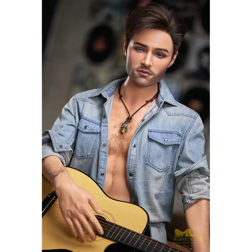 5ft 6in or 170cm silicone male sex doll with muscular arms, chest and abs with short brown hair and blue eyes in a country outfit.