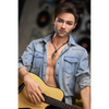 5ft 6in or 170cm silicone male sex doll with muscular arms, chest and abs with short brown hair and blue eyes in a country outfit.