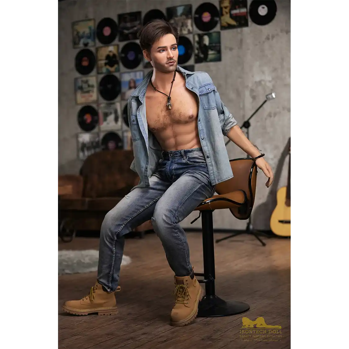 5ft 6in or 170cm silicone male sex doll with muscular arms, chest and abs with short brown hair and blue eyes in a country outfit.