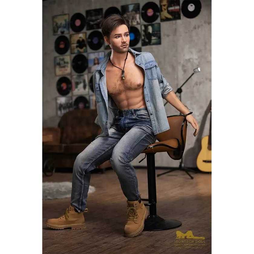 5ft 6in or 170cm silicone male sex doll with muscular arms, chest and abs with short brown hair and blue eyes in a country outfit.
