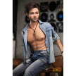 5ft 6in or 170cm silicone male sex doll with muscular arms, chest and abs with short brown hair and blue eyes in a country outfit.