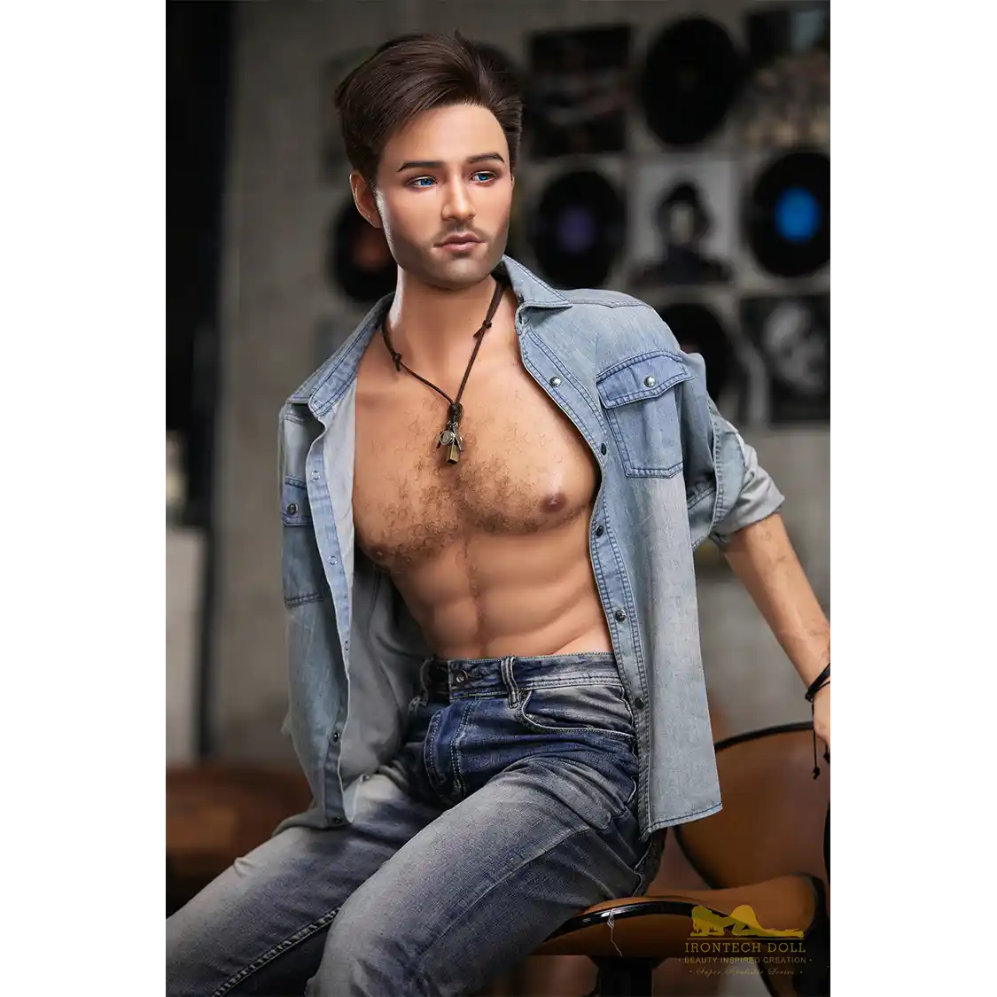 5ft 6in or 170cm silicone male sex doll with muscular arms, chest and abs with short brown hair and blue eyes in a country outfit.