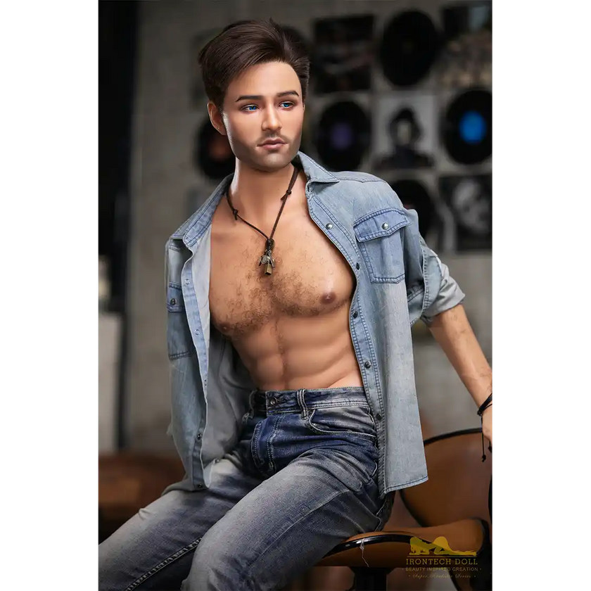 5ft 6in or 170cm silicone male sex doll with muscular arms, chest and abs with short brown hair and blue eyes in a country outfit.