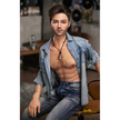 5ft 6in or 170cm silicone male sex doll with muscular arms, chest and abs with short brown hair and blue eyes in a country outfit.