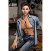 5ft 6in or 170cm silicone male sex doll with muscular arms, chest and abs with short brown hair and blue eyes in a country outfit.