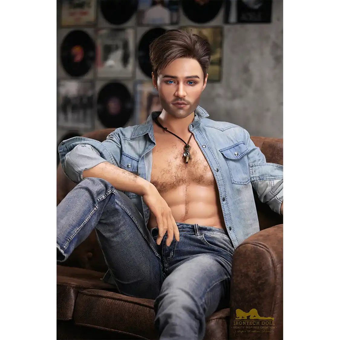 5ft 6in or 170cm silicone male sex doll with muscular arms, chest and abs with short brown hair and blue eyes in a country outfit.