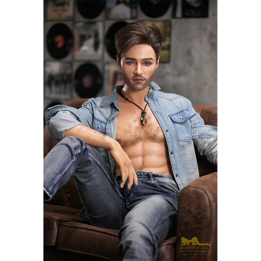 5ft 6in or 170cm silicone male sex doll with muscular arms, chest and abs with short brown hair and blue eyes in a country outfit.