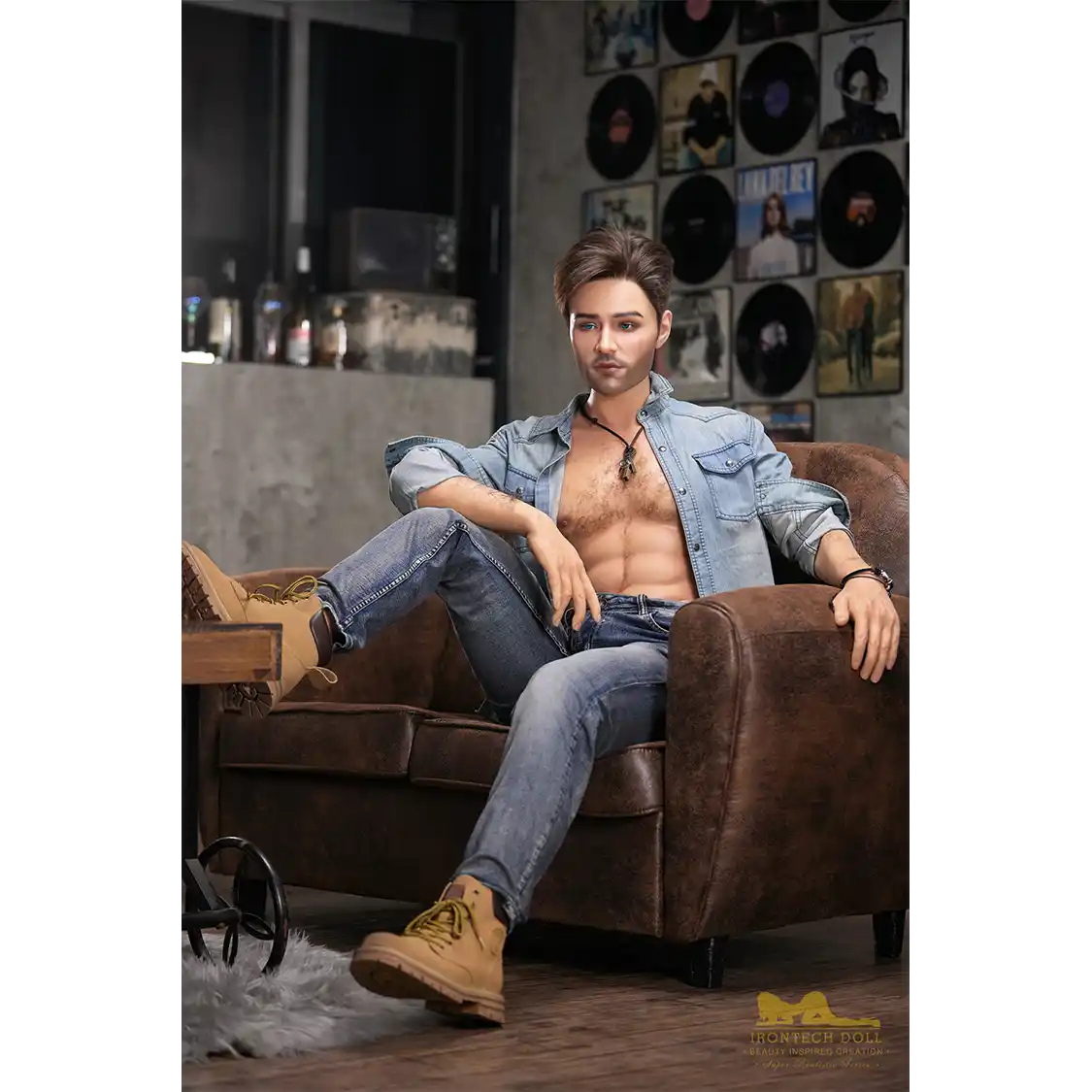 5ft 6in or 170cm silicone male sex doll with muscular arms, chest and abs with short brown hair and blue eyes in a country outfit.