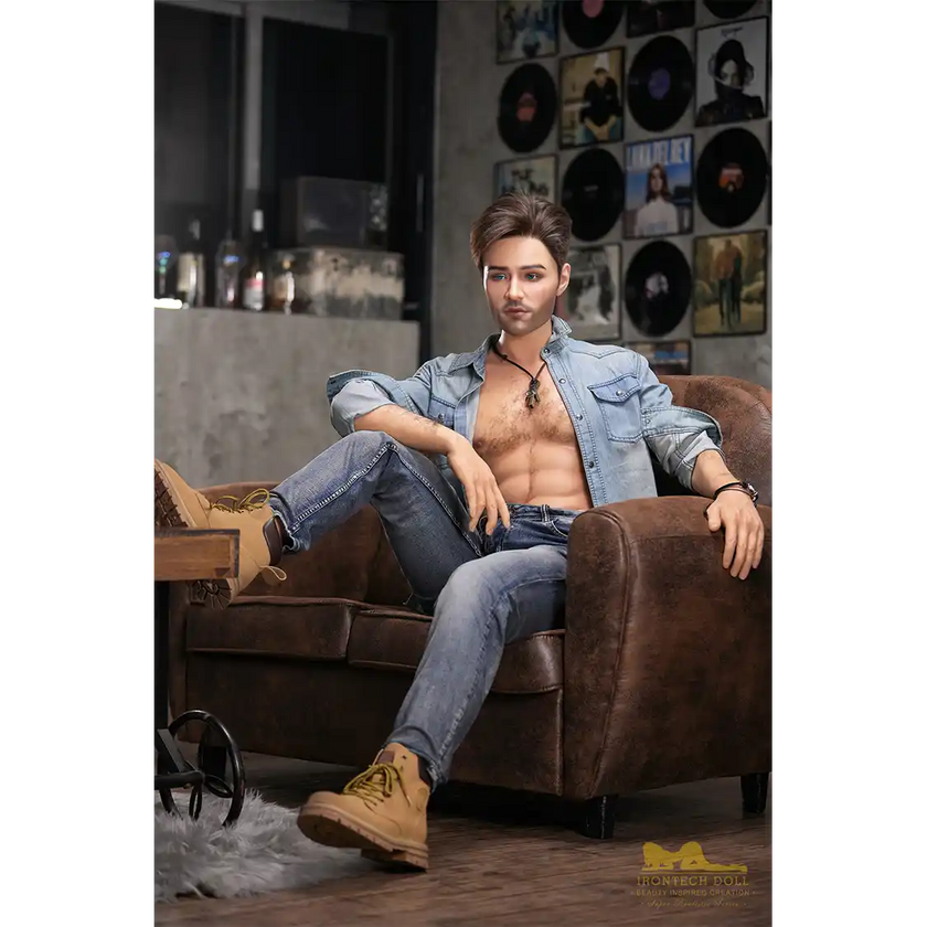 5ft 6in or 170cm silicone male sex doll with muscular arms, chest and abs with short brown hair and blue eyes in a country outfit.