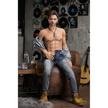 5ft 6in or 170cm silicone male sex doll with muscular arms, chest and abs with short brown hair and blue eyes in a country outfit.