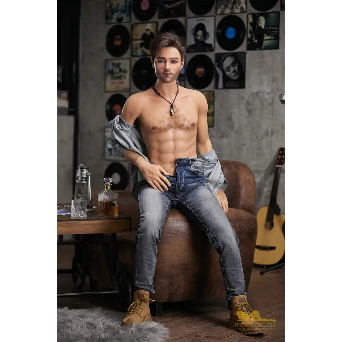 5ft 6in or 170cm silicone male sex doll with muscular arms, chest and abs with short brown hair and blue eyes in a country outfit.