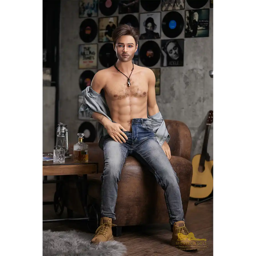 5ft 6in or 170cm silicone male sex doll with muscular arms, chest and abs with short brown hair and blue eyes in a country outfit.