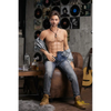 5ft 6in or 170cm silicone male sex doll with muscular arms, chest and abs with short brown hair and blue eyes in a country outfit.