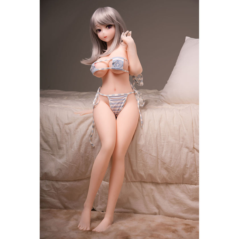 3ft 1in or 95cm tall Akane.  Mini Anime silicone sex doll with large breasts, long blonde hair and a gray and white bikini. Made by Irokebijin.