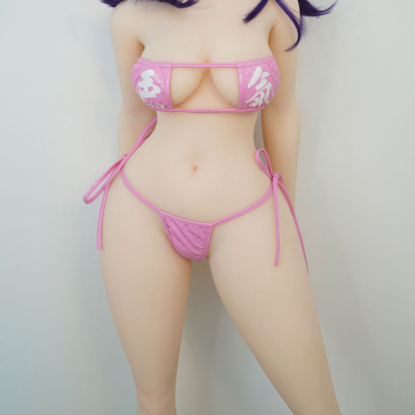3ft 11in or 120cm tall Aki.  Anime TPE sex doll with large breasts, long dark blue hair, purple eyes and a pink and white bikini. Made by Irokebijin.