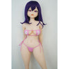 3ft 11in or 120cm tall Aki.  Anime TPE sex doll with large breasts, long dark blue hair, purple eyes and a pink and white bikini. Made by Irokebijin.