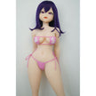 3ft 11in or 120cm tall Aki.  Anime TPE sex doll with large breasts, long dark blue hair, purple eyes and a pink and white bikini. Made by Irokebijin.