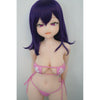 3ft 11in or 120cm tall Aki.  Anime TPE sex doll with large breasts, long dark blue hair, purple eyes and a pink and white bikini. Made by Irokebijin.