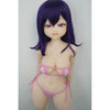 3ft 11in or 120cm tall Aki.  Anime TPE sex doll with large breasts, long dark blue hair, purple eyes and a pink and white bikini. Made by Irokebijin.