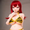 3ft 1in or 95cm tall Aoi.  Mini Anime silicone sex doll with large breasts, long red hair, heart eyes and a tiger striped bikini. Made by Irokebijin.