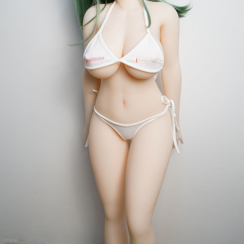 3ft 1in or 95cm tall Rico A.  Mini Anime TPE sex doll with large breasts, long green hair, yellow eyes and a white Irokebijin bikini. Made by Irokebijin.