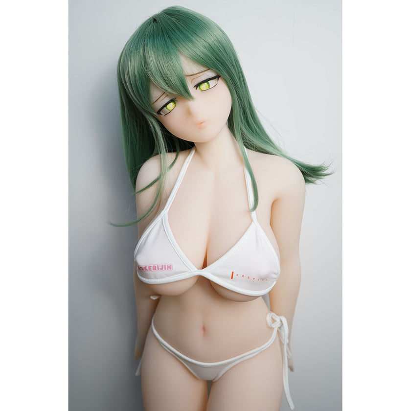 3ft 1in or 95cm tall Rico A.  Mini Anime TPE sex doll with large breasts, long green hair, yellow eyes and a white Irokebijin bikini. Made by Irokebijin.