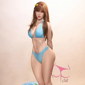 5ft 1in 157cm anime style female TPE sex doll by FunWest with brown hair, C-cup breasts and a slim figure in a blue bikini.