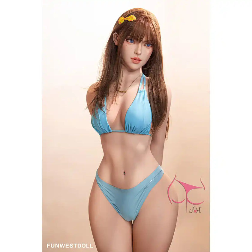 5ft 1in 157cm anime style female TPE sex doll by FunWest with brown hair, C-cup breasts and a slim figure in a blue bikini.