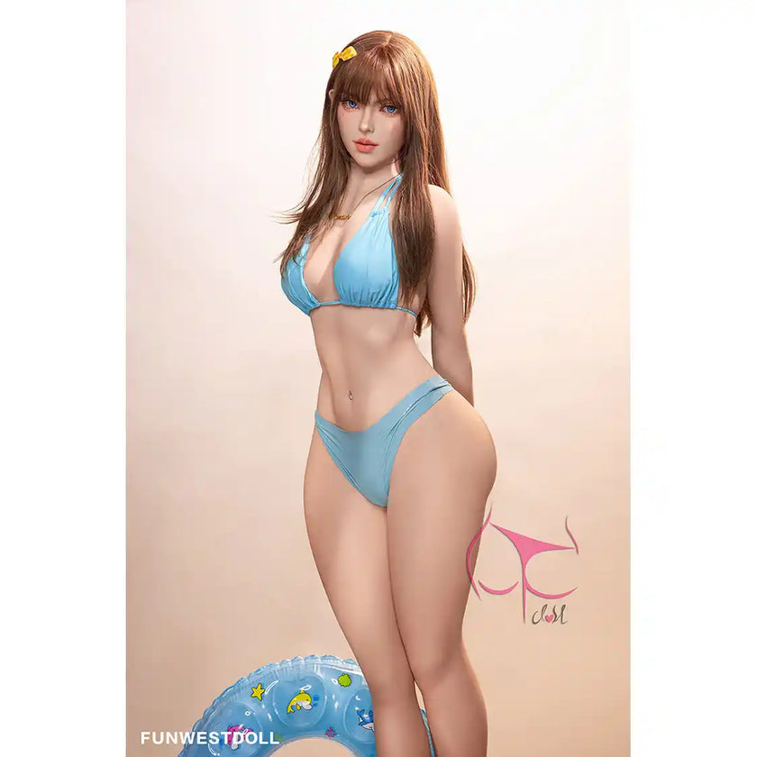 5ft 1in 157cm anime style female TPE sex doll by FunWest with brown hair, C-cup breasts and a slim figure in a blue bikini.