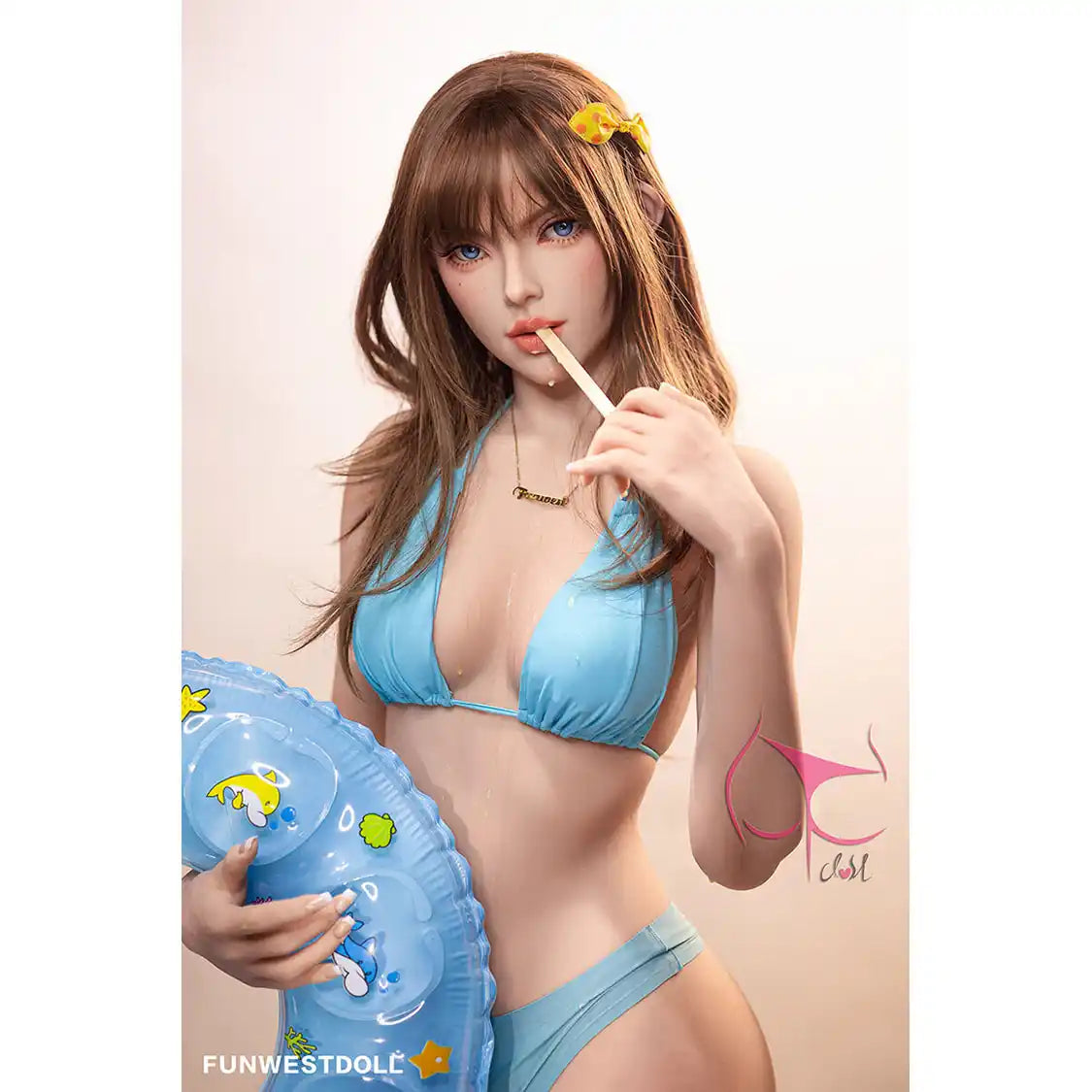 5ft 1in 157cm anime style female TPE sex doll by FunWest with brown hair, C-cup breasts and a slim figure in a blue bikini.