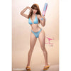 5ft 1in 157cm anime style female TPE sex doll by FunWest with brown hair, C-cup breasts and a slim figure in a blue bikini.