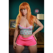 5ft 3in 160cm white female tpe sex doll with long red hair, Medium breasts, and a slim curvy figure in a tank top and pink shorts.