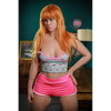 5ft 3in 160cm white female tpe sex doll with long red hair, Medium breasts, and a slim curvy figure in a tank top and pink shorts.