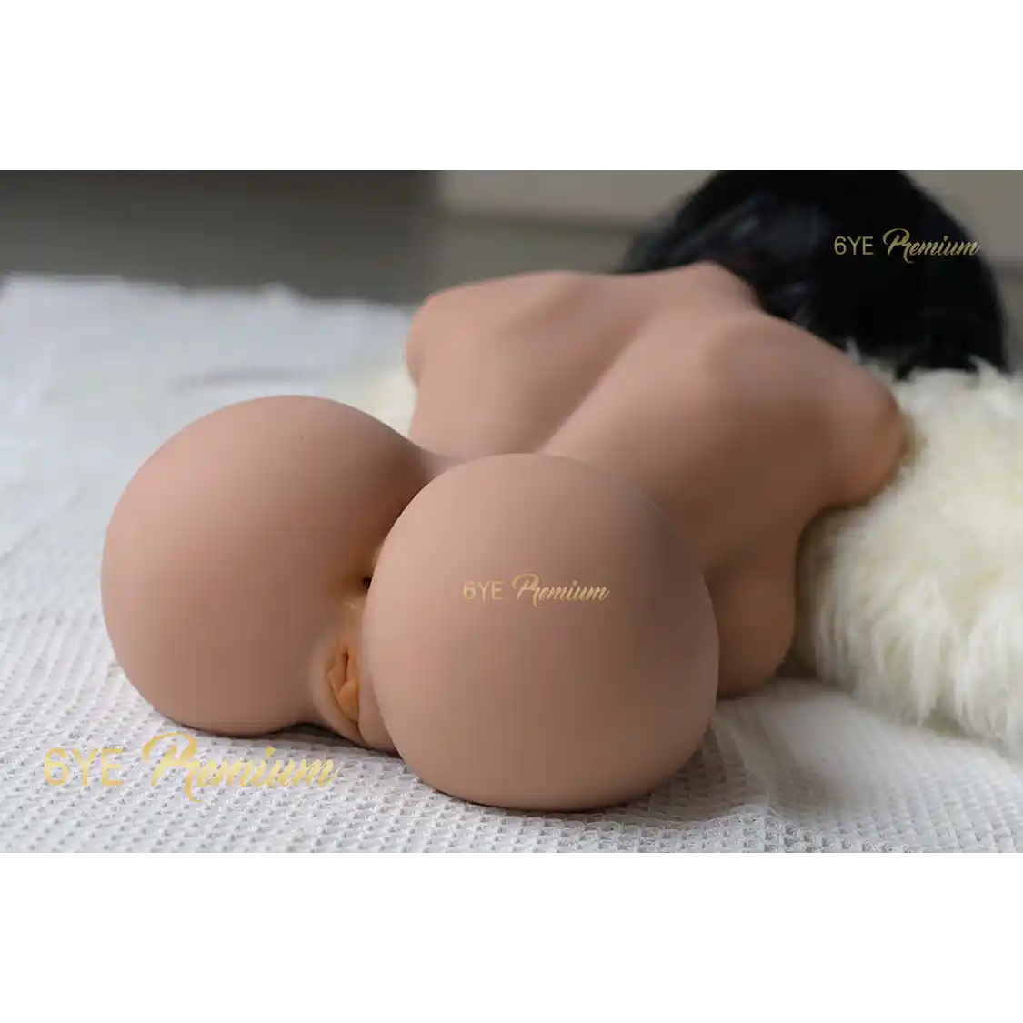 2ft 2in or 66cm E-cup Asian female sex doll torso with pale skin, shoulder length black hair, perky butt, and brown eyes. Made by 6ye