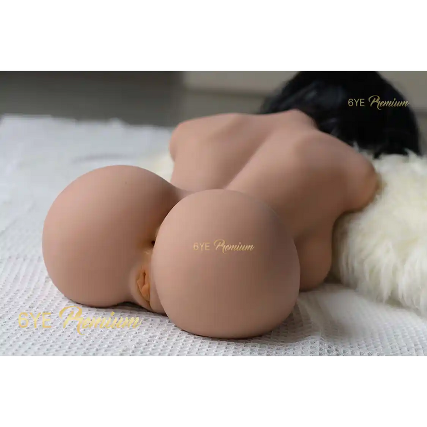 2ft 2in or 66cm E-cup Asian female sex doll torso with pale skin, shoulder length black hair, perky butt, and brown eyes. Made by 6ye
