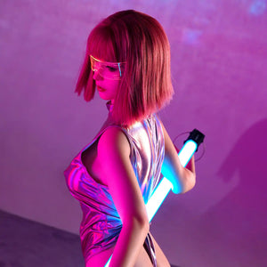 5ft 1in 155cm cute Asian female silicone sex doll with bright red hair, C-cup breasts, a slim athletic figure in a cyberpunk outfit.