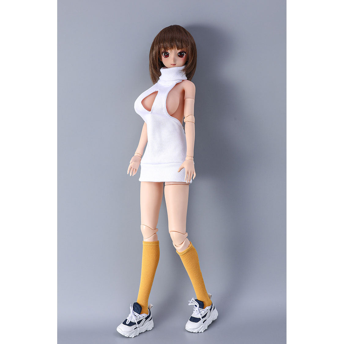 2ft 62cm mini anime sex doll Vanya. Silicone body construction, large breasts, fair skin, short brown hair and a slim athletic body with hard plastic limbs in a sexy white blouse.
