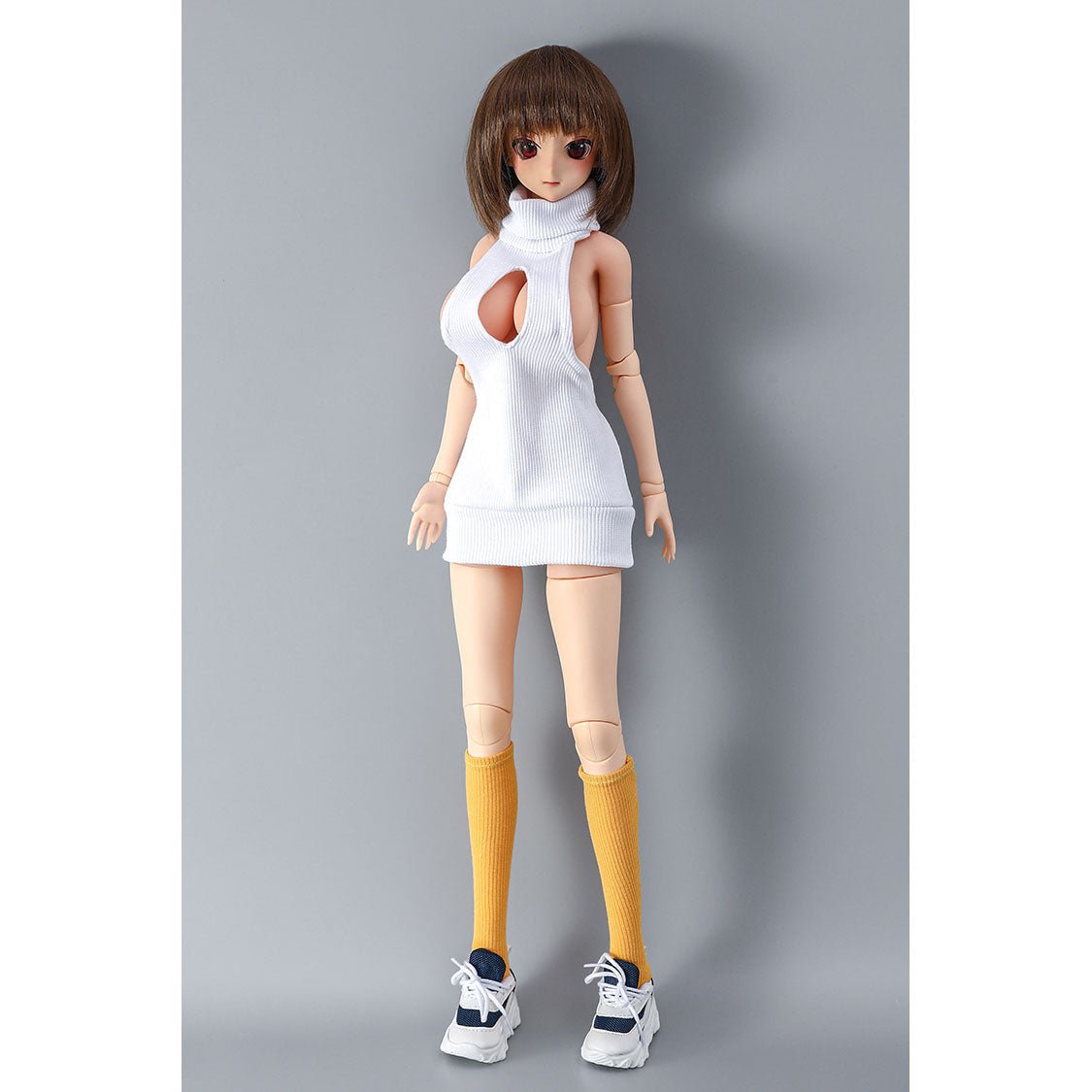 2ft 62cm mini anime sex doll Vanya. Silicone body construction, large breasts, fair skin, short brown hair and a slim athletic body with hard plastic limbs in a sexy white blouse.