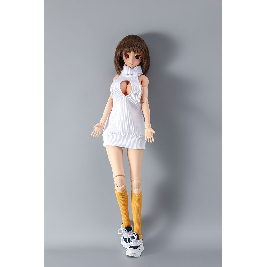 2ft 62cm mini anime sex doll Vanya. Silicone body construction, large breasts, fair skin, short brown hair and a slim athletic body with hard plastic limbs in a sexy white blouse.