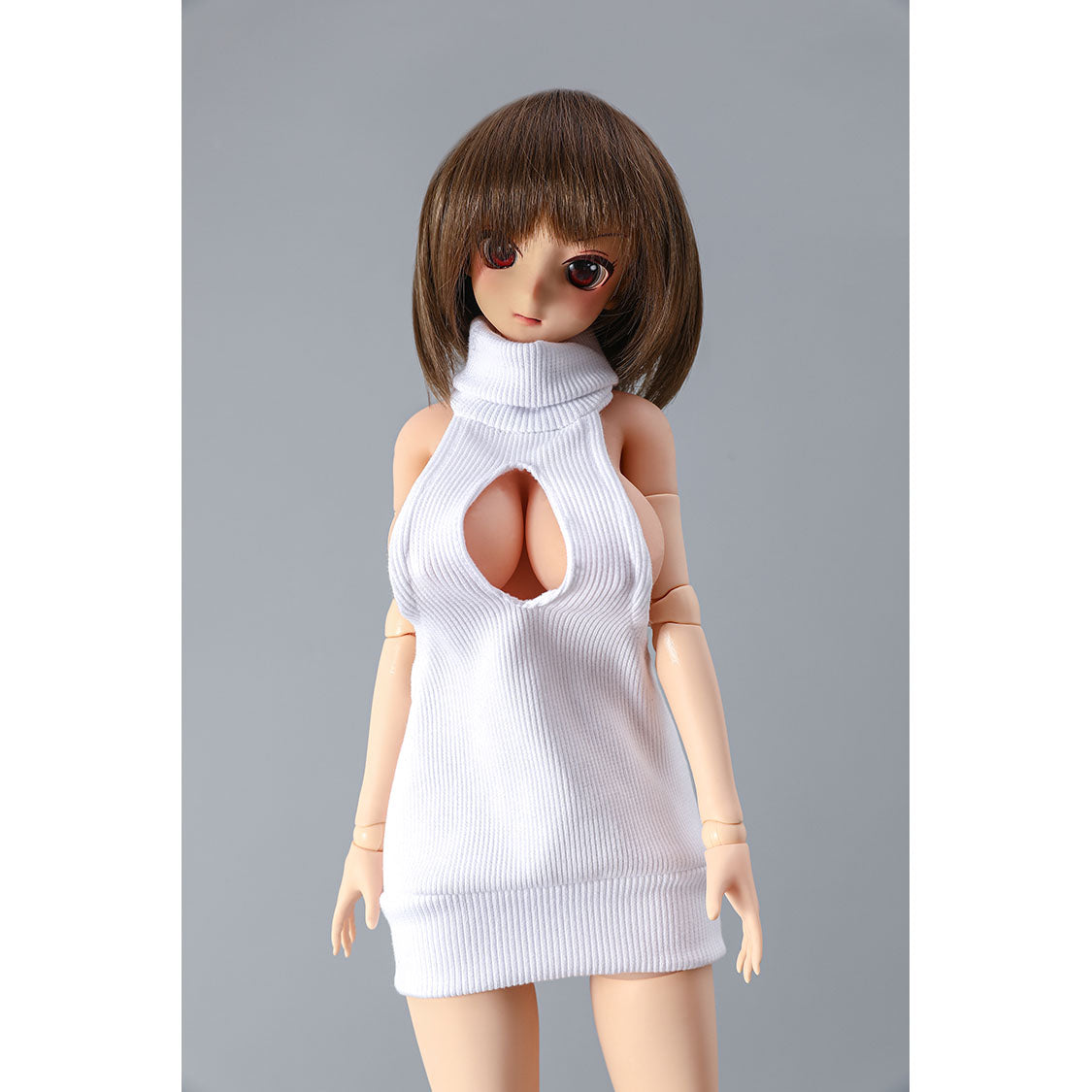 2ft 62cm mini anime sex doll Vanya. Silicone body construction, large breasts, fair skin, short brown hair and a slim athletic body with hard plastic limbs in a sexy white blouse.
