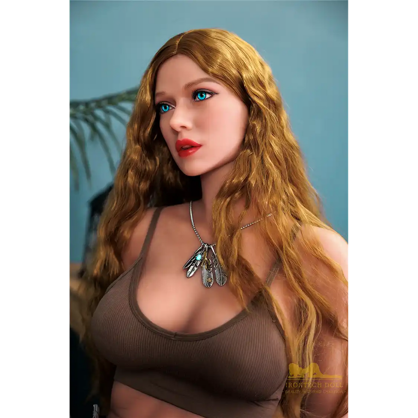 5ft 9in 175cm athletic white MILF TPE sex doll with long legs, long wavy blonde hair, with large breasts and bright blue eyes in a sports bra and tight jeans.