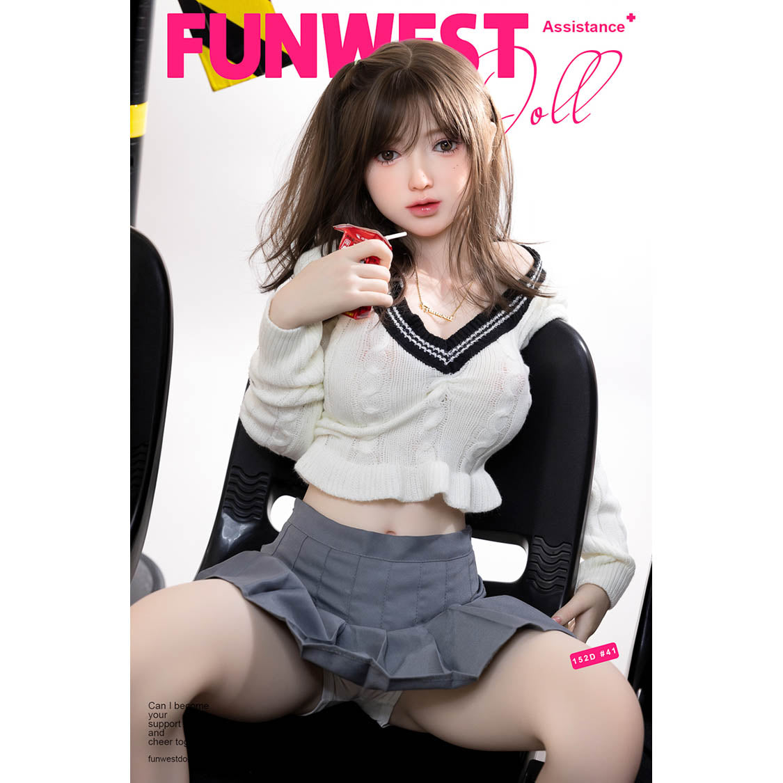 5ft 152cm petite Asian TPE sex doll by FunWest, with brown hair white skin, and large D-cup breasts in a school girl outfit .Made by Funwest. 