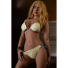 5ft 2in or 157cm lifelike full size medium breast fair skin, skinny hybrid sex doll with blonde hair and blue eyes in a yellow bikini.