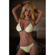 5ft 2in or 157cm lifelike full size medium breast fair skin, skinny hybrid sex doll with blonde hair and blue eyes in a yellow bikini.