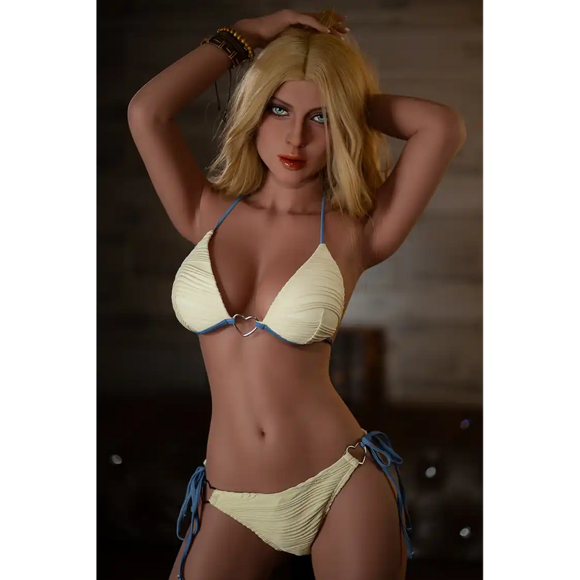 5ft 2in or 157cm lifelike full size medium breast fair skin, skinny hybrid sex doll with blonde hair and blue eyes in a yellow bikini.