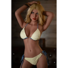 5ft 2in or 157cm lifelike full size medium breast fair skin, skinny hybrid sex doll with blonde hair and blue eyes in a yellow bikini.